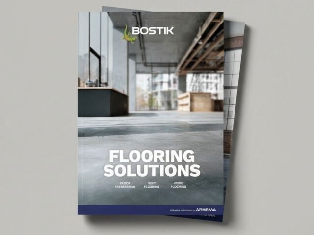Cover of the Bostik Flooring Solutions catalogue featuring a contemporary interior space with a finished floor surface, large windows, and an open-plan design. The Bostik logo appears at the top, with the title 