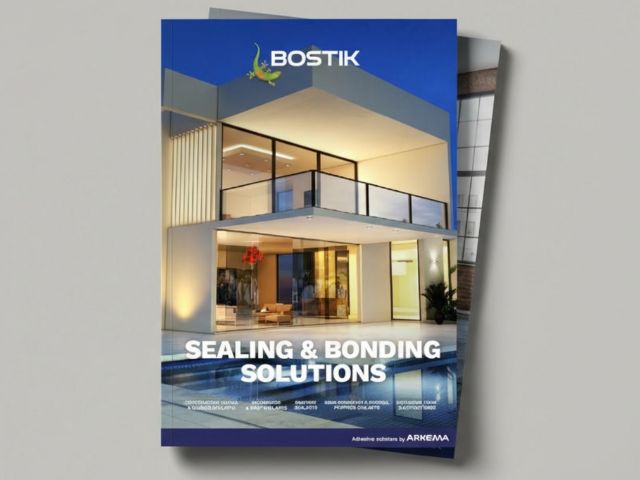Cover of the Bostik Sealing & Bonding Solutions catalogue featuring a modern residential building with large glass windows and a swimming pool. The Bostik logo appears at the top, with the title 