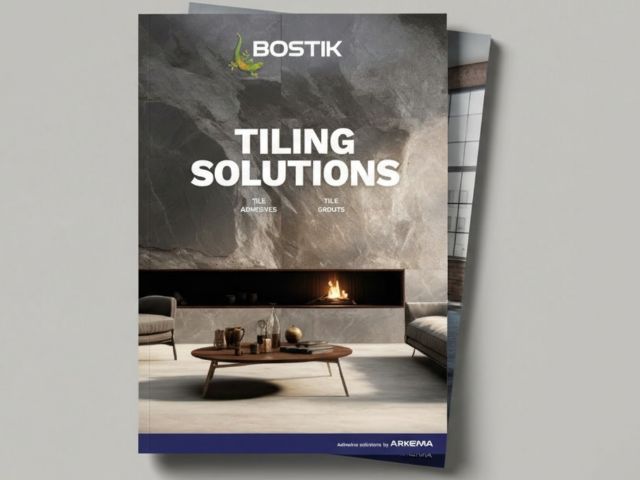 Cover of the Bostik Tiling Solutions catalogue featuring a modern living space with large-format stone wall tiles, a built-in fireplace, contemporary seating, and a coffee table. The Bostik logo appears at the top, with the title 