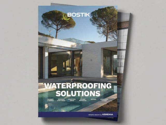 Cover of the Bostik Waterproofing Solutions catalogue featuring a modern residential property with a swimming pool, glass railings, and landscaped surroundings. The Bostik logo appears at the top, with the title 