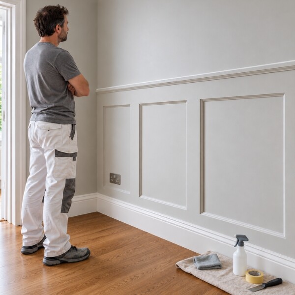 Close-up of a hand checking the finish of decorative wall panelling and trim on a light grey wall. The white moulding and panel edges are highlighted, illustrating attention to detail and preparation before final decorating.