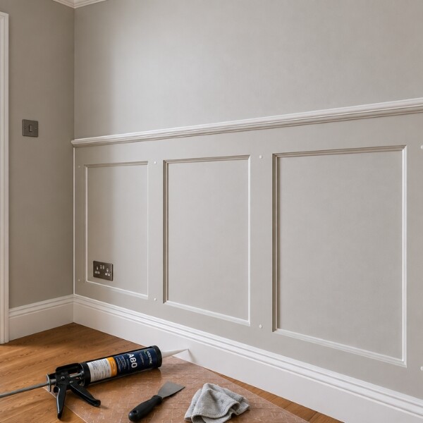 Person inspecting newly installed decorative wall panelling in a bright interior room. The light grey wall features white moulded panels and trim, with decorating supplies including a spray bottle, cloth, masking tape, and tools placed on a protective sheet on the wooden floor.