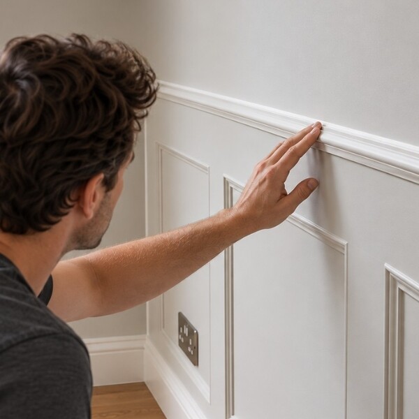 Person assessing paint colour samples on a light grey wall above decorative wall panelling. Painting supplies, including a paint roller tray, paint bucket, masking tape, and cloth, are arranged on a protective floor covering in preparation for decorating.