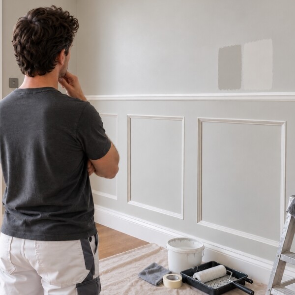 Close-up of a hand inspecting the top trim of newly installed decorative wall panelling. The white moulding and panel edges are shown in detail against a light grey wall, highlighting finishing and caulking work before painting.