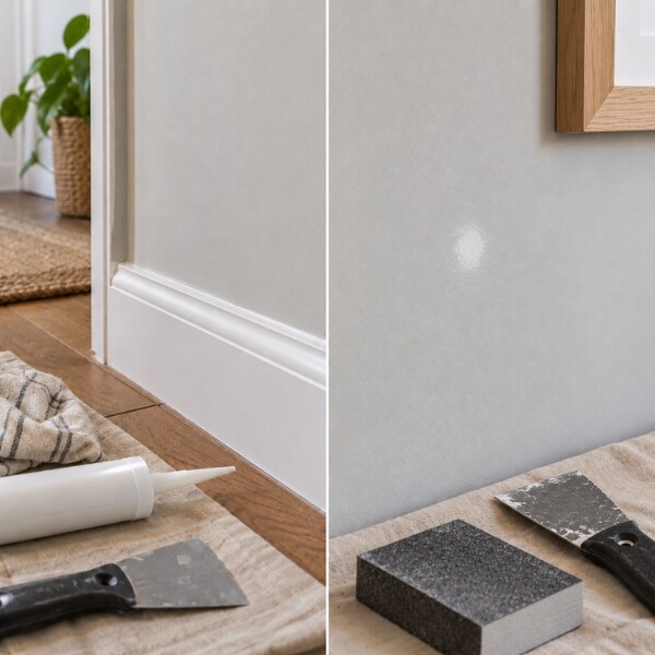 Split-screen close-up showing wall repair and preparation work on a light grey painted wall. One side features decorators' tools, including a caulk tube and scraper, beside white skirting boards, while the other shows a repaired patch on the wall surface being smoothed prior to painting.