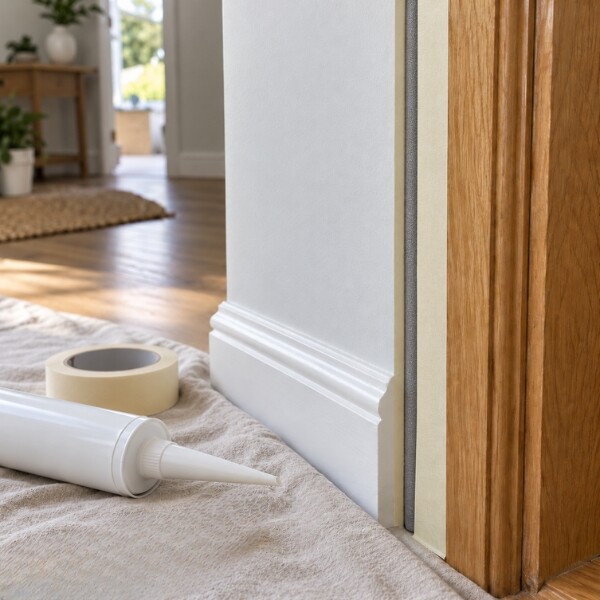 Close-up of a light grey interior wall and white skirting board during decorating work. A caulk tube, scraper, and protective dust sheet are positioned along the wooden floor, illustrating preparation and finishing of wall and trim joints.
