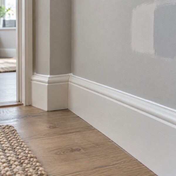 Close-up of a light grey interior wall with a white skirting board and wooden flooring. Two paint sample patches in different shades of grey are visible on the wall, illustrating colour testing prior to decorating. A woven rug and doorway can be seen in the background.
