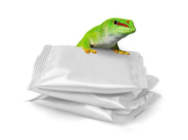 Bostik Gecko sits on top of non-labeled packaging examples