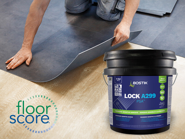 LOCK A299 PSA Pressure-Sensitive Adhesive 4 gallon bucket with FloorScore logo and a man applying resilient flooring tiles.