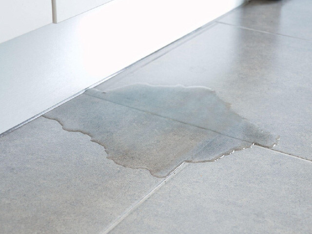 A puddle of water on a gray tiled kitchen floor.