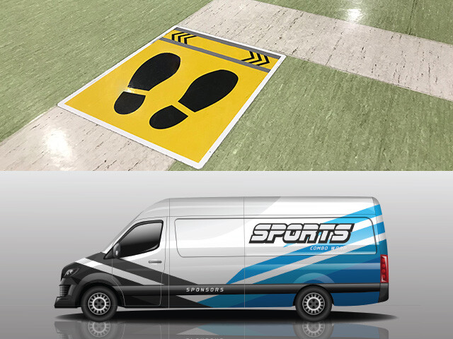 yellow floor decal with shoe prints and graphics on the side of a work van