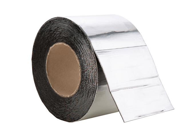 Roll of aluminum foil tape with adhesive backing, shown partially unrolled on a white background.