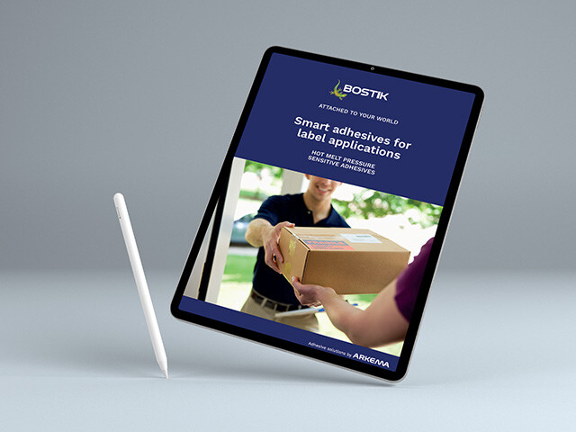 Label adhesives brochure cover displayed on a tablet  floating in a grey background accompanied by a stylus.